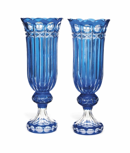 A PAIR OF FRENCH CLEAR FLASH BLUE OVERLAY CUT-GLASS VASES
MODERN
Each with slightly flared bowl