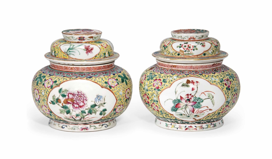 A PAIR OF CHINESE YELLOW-GROUND FAMILLE ROSE POTICHES AND COVERS
19TH CENTURY
Each enamelled with
