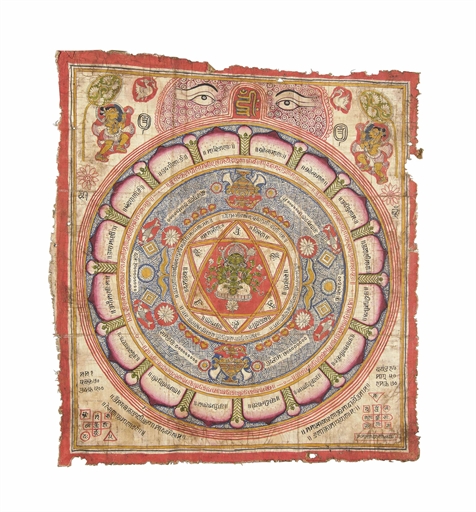 A JAIN MANDALA
RAJASTHAN, INDIA, CIRCA 18TH CENTURY
Rectangular cloth panel painted with gold and