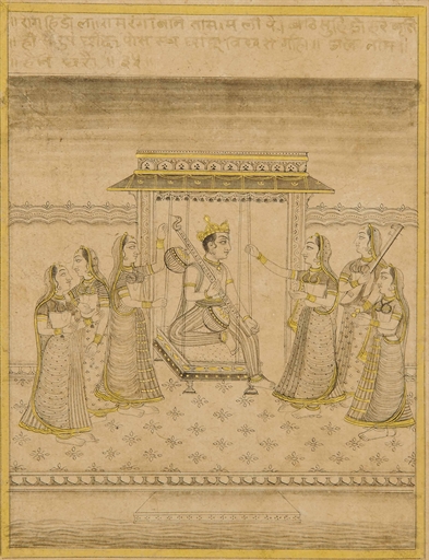A SCENE FROM A RAGAMALA SERIES: HINDOL RAGA
BUNDI, NORTH INDIA, CIRCA 1800
Ink and gold on paper,