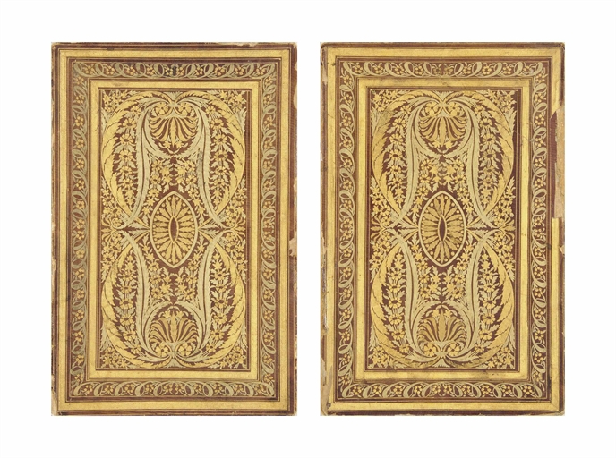 AN OTTOMAN BOOK BINDING
TURKEY, 19TH CENTURY
Each cover of rectangular form, with a dense tooled and