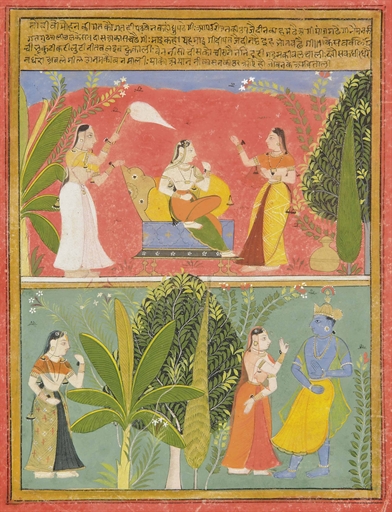 A LADY WITH COMPANIONS
AMBER, NORTH INDIA, CIRCA 1700
Possibly two scenes from a ragamala series,