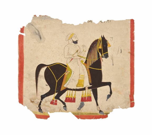 MAHARANA SANGRAM SINGHJI II ON HORSEBACK
RAJASTHAN, NORTH INDIA, MID-18TH CENTURY
A sketch for an