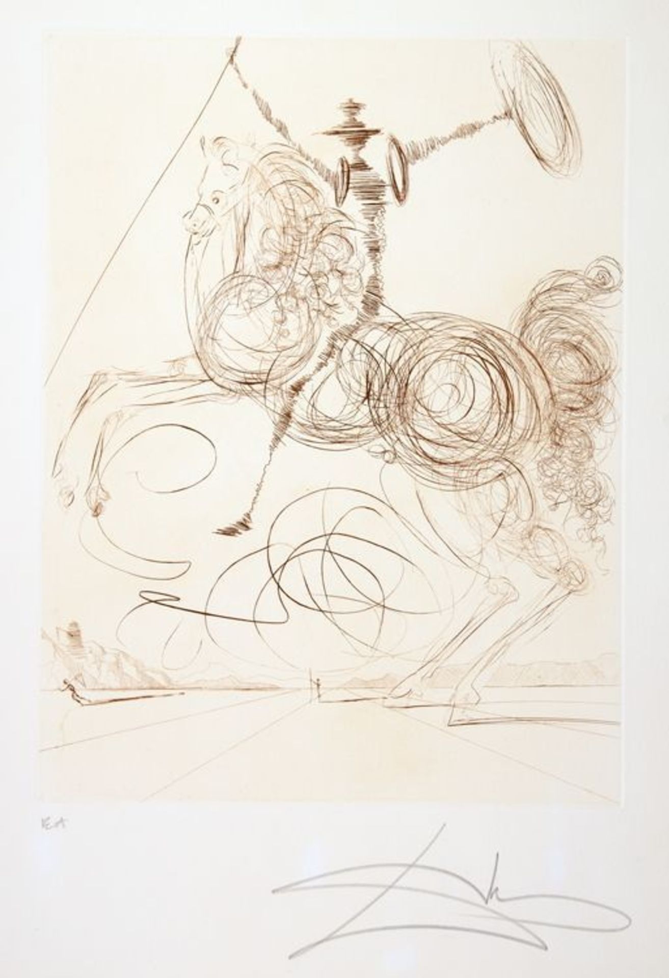 Salvador  Dalí. Don Quixote. Radierung, gedruckt in Sepia. 1964/1975. 39,0 : 29,5 cm (56,5 : 38,0