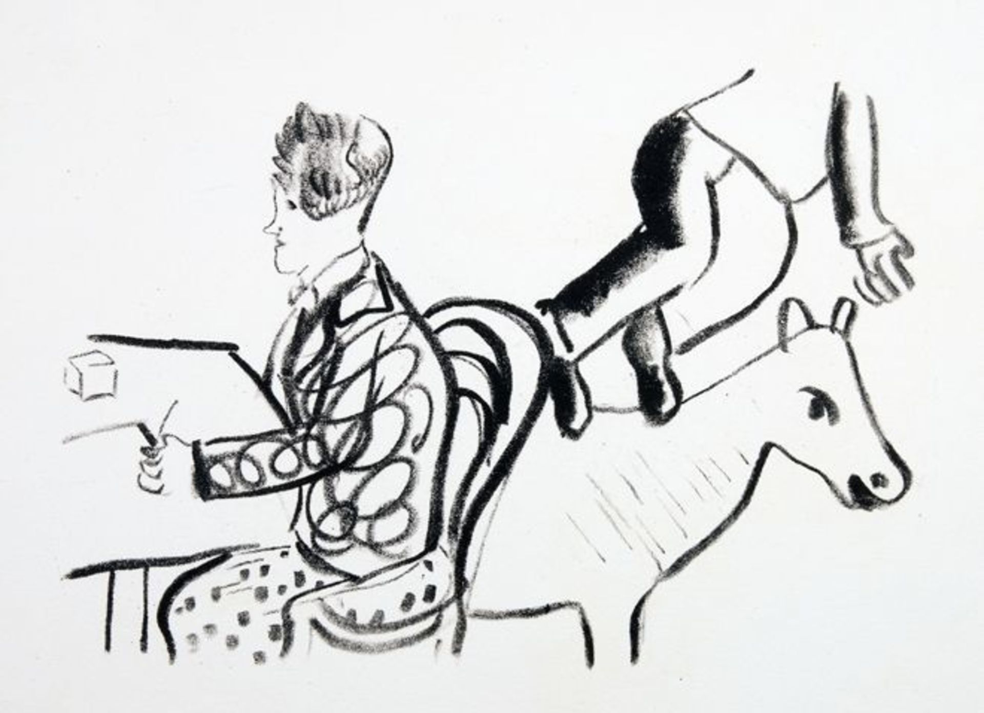 Marc Chagall. A table, homme assis et animal. Lithographie. 1922/1956. 18,4 : 25,9 cm (28,0 : 38,2