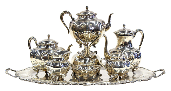 (lot of 7) Mexican sterling silver hot beverage service, each organic bulbous lobed body accented