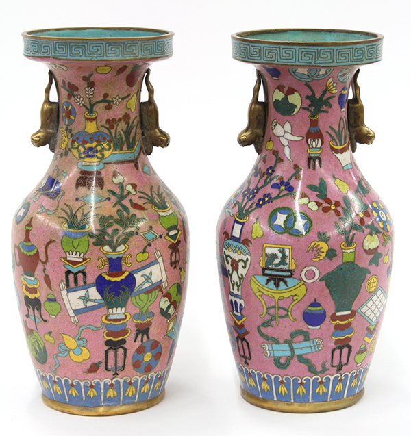 Pair of Chinese cloisonne enameled vases, trumpet neck with two mythical animal formed handles, the