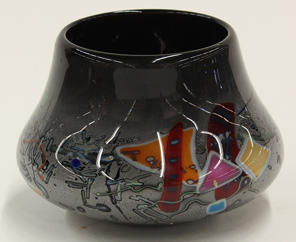 Art glass low vase, of olla form executed in ombre glass from black to grey with pastel inclusions,