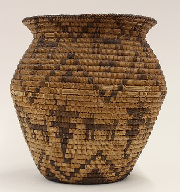 Pima basketry olla, of wide mouth form, decorated with repeating geometric patterns and stylized