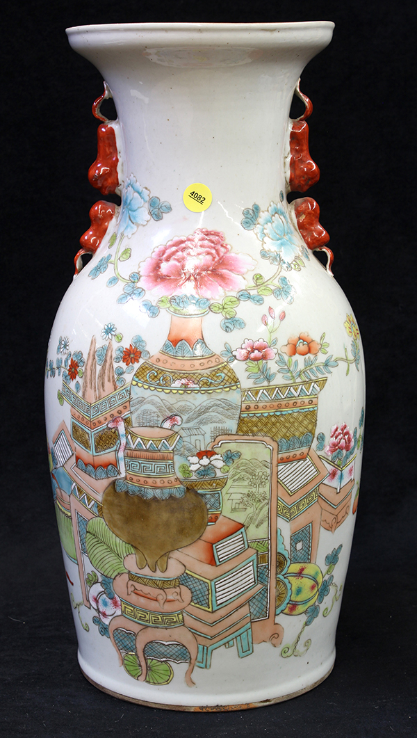 Chinese enameled porcelain vase, decorated with bouquets of flowers, along with fruit and scholar`s