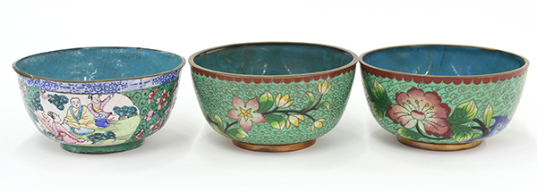 (lot of 3) Chinese enameled bowls; two cloisonne bowls with flowers to the exterior on a green