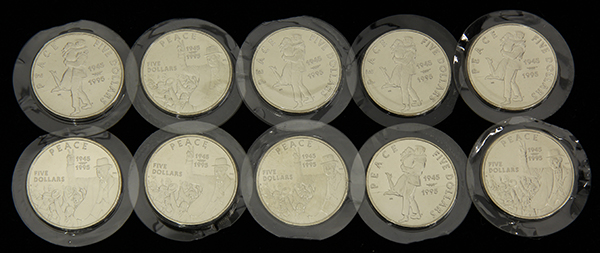 (lot of 10) Republic of Marshall Islands .999 silver commemorative $5 coins, 1945-1995, five