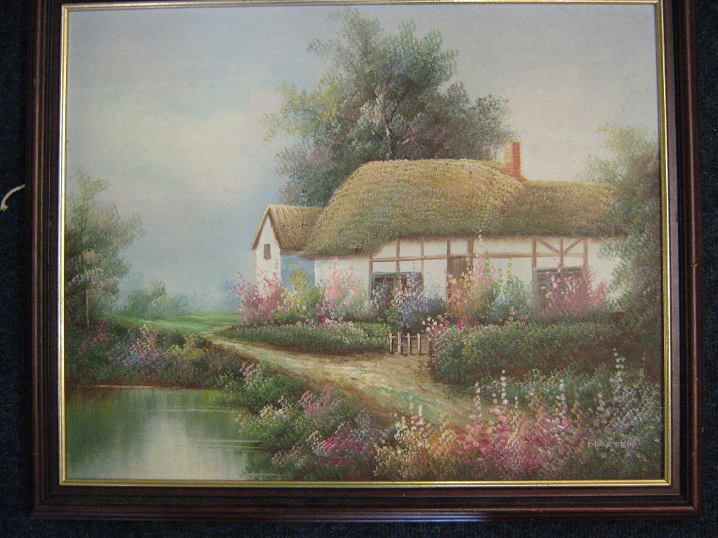 Oil painting on canvas of a country cottage