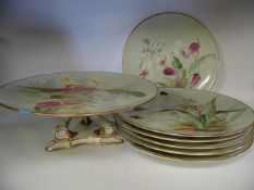 A Set Of Six Hand Painted Early Aynsley Dessert Plates With Comport (Restored Foot)