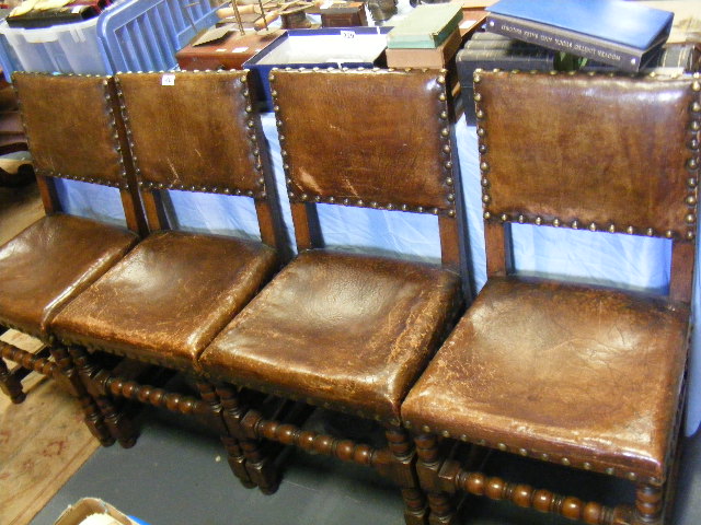 Four antique oak & leather dining chairs