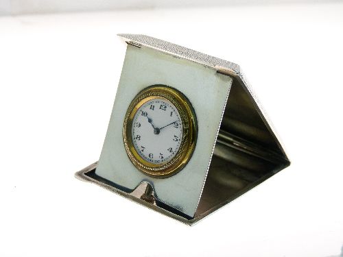 George V engine turned silver cased travel clock, the circular white enamel dial with Arabic - Image 2 of 9