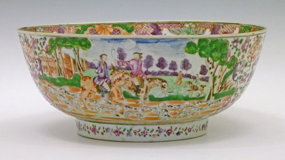 Early 19th Century Chinese Famille Rose `European Subject` hunting bowl having typical painted