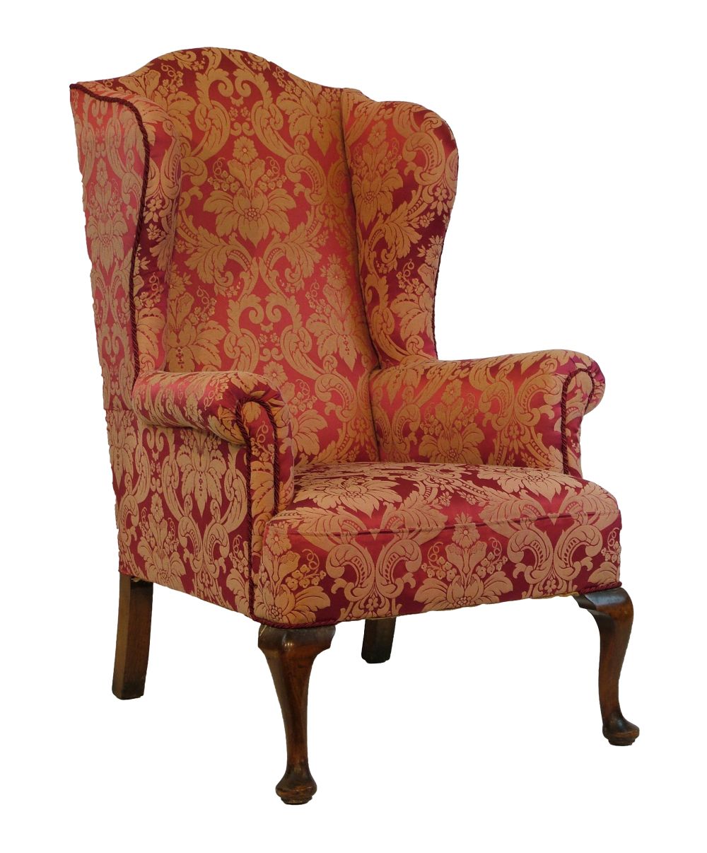 Early 20th Century Georgian style wing back drawing room chair upholstered in red and off-white