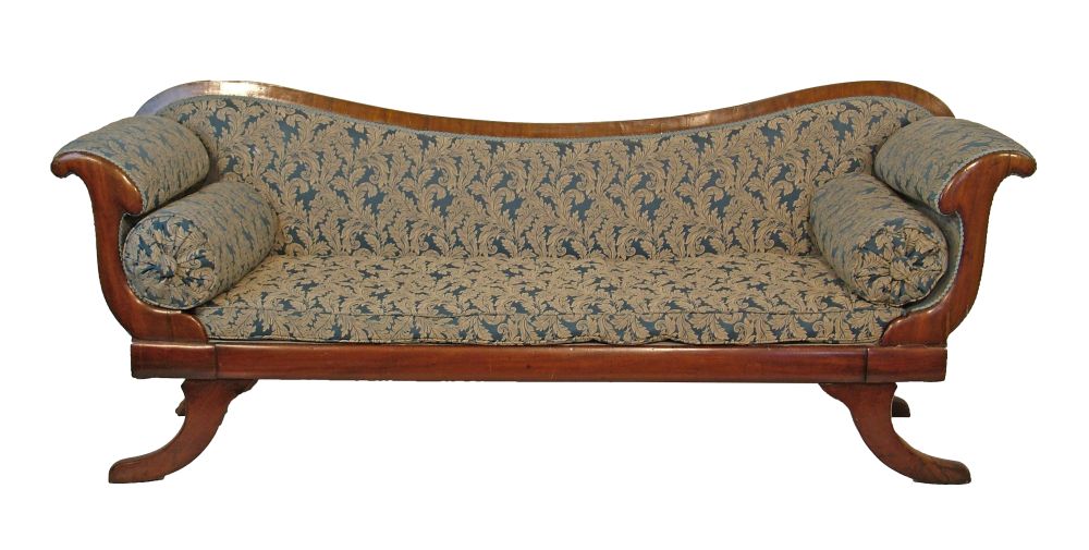 19th Century mahogany framed double scroll end sofa upholstered in blue and off-white brocade and