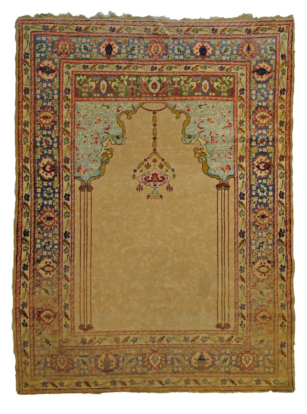 Middle Eastern prayer rug having a central light brown ground within multi borders, 154cm x 115cm  P