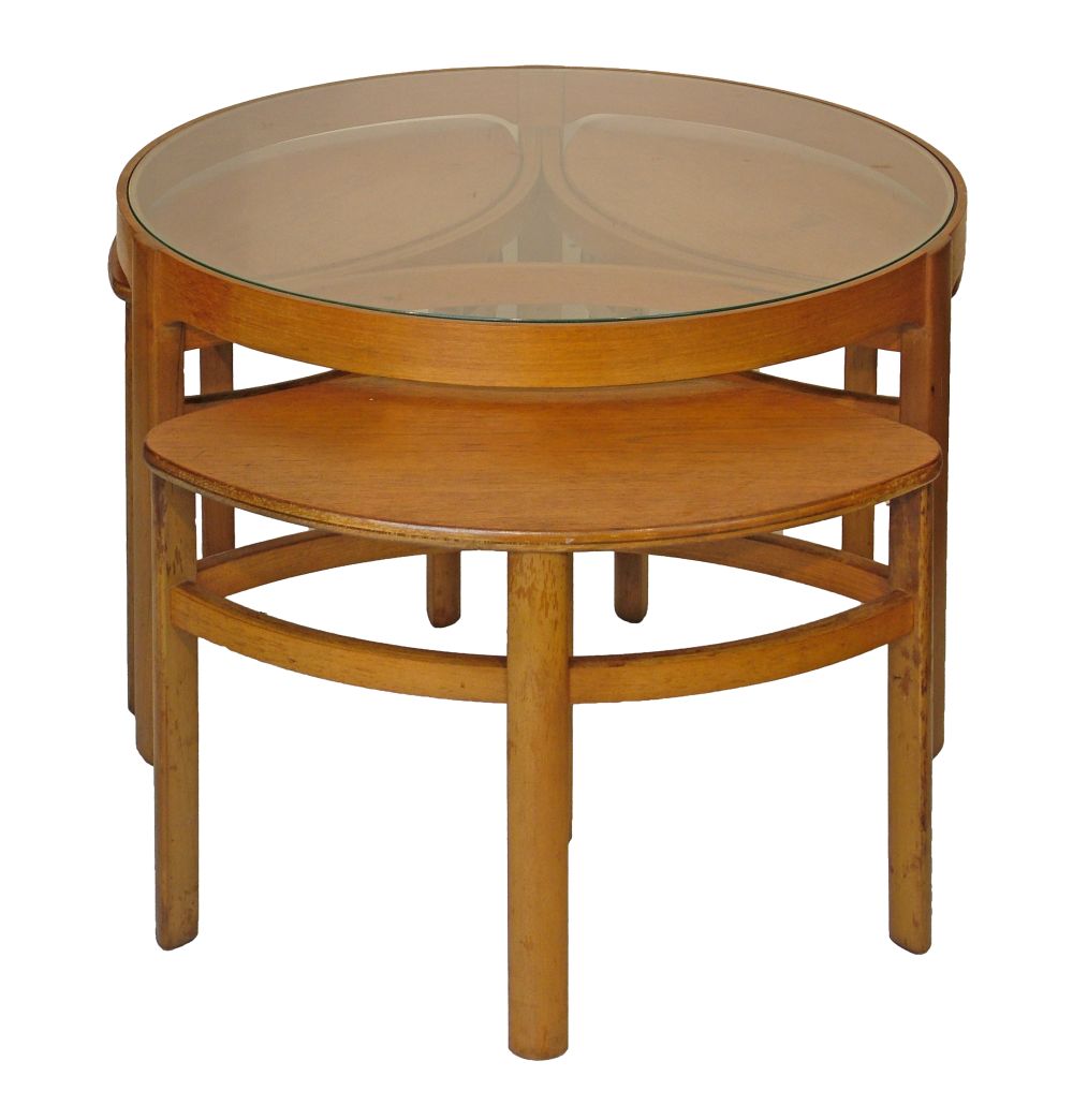 Modern Design-Teak nest of tables comprising: glass top circular coffee table housing three