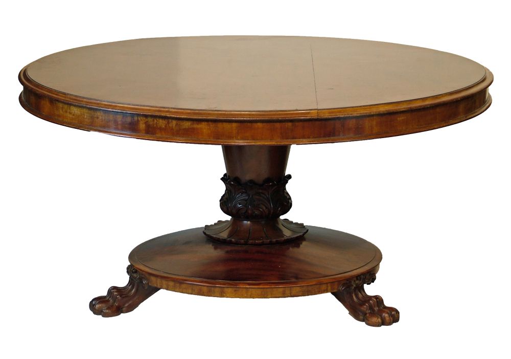 Victorian mahogany circular snap top breakfast table standing on a tapered cylindrical carved