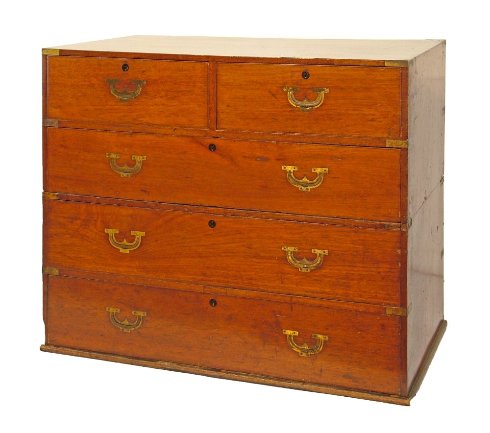 19th Century brass bound teak campaign chest, constructed in two sections, the upper fitted two