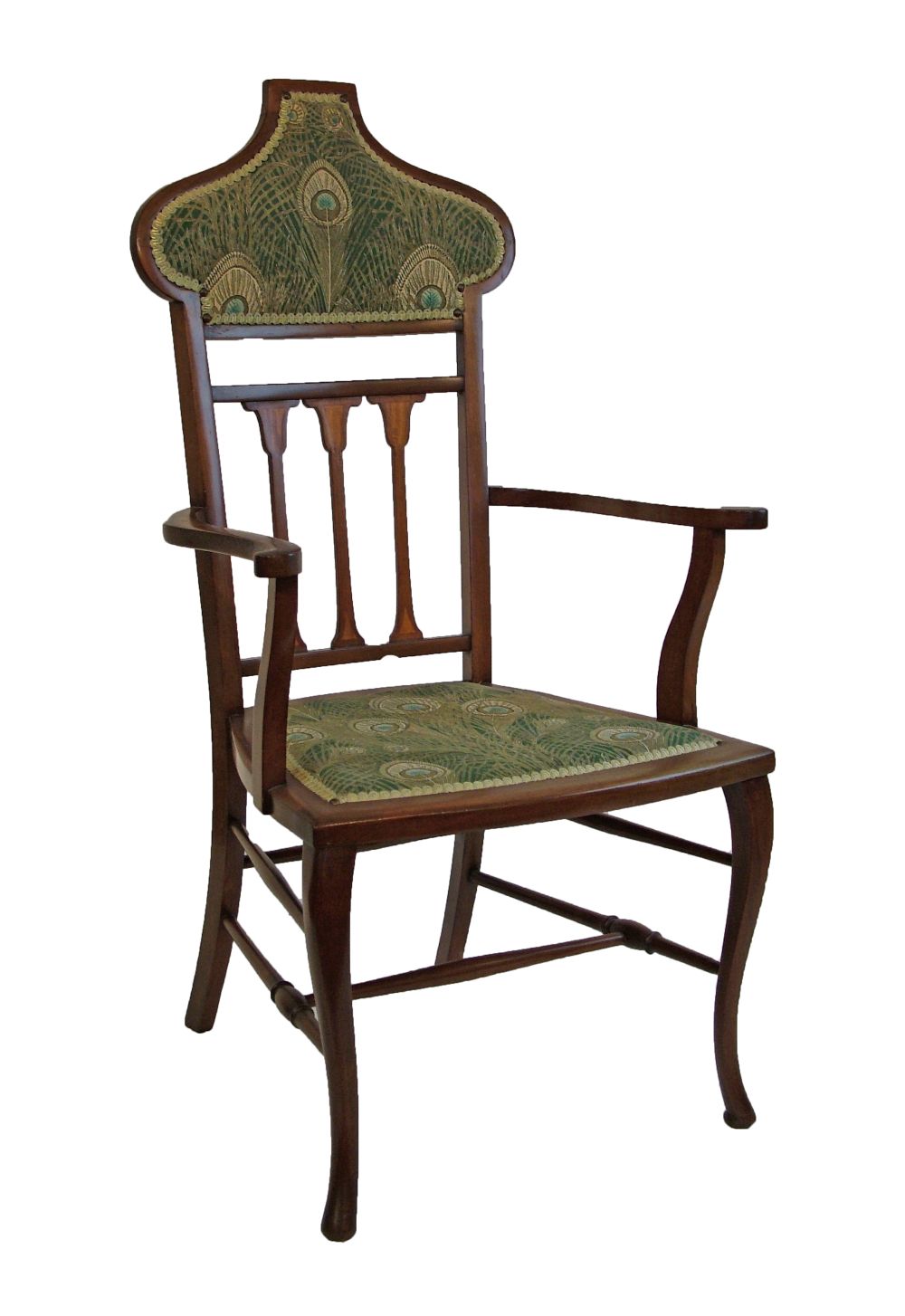 Edwardian Art Nouveau inlaid mahogany open arm elbow chair having a stylised triple back splat,