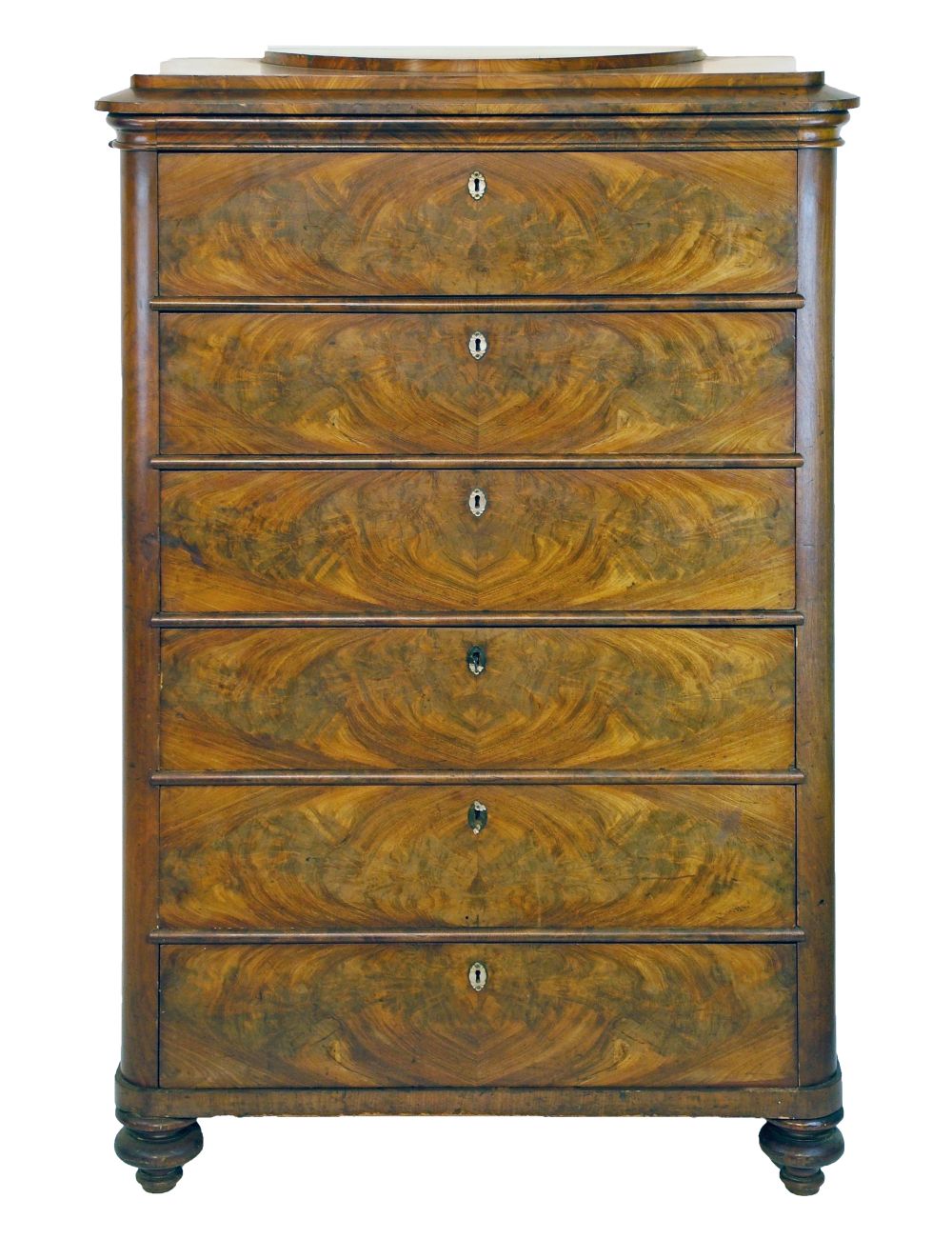 19th Century mahogany chest, the top with raised demi lune platform, stepped moulded edge and