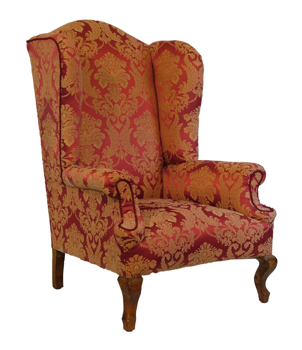 Early 20th Century Georgian style wing back drawing room chair upholstered in red and off-white