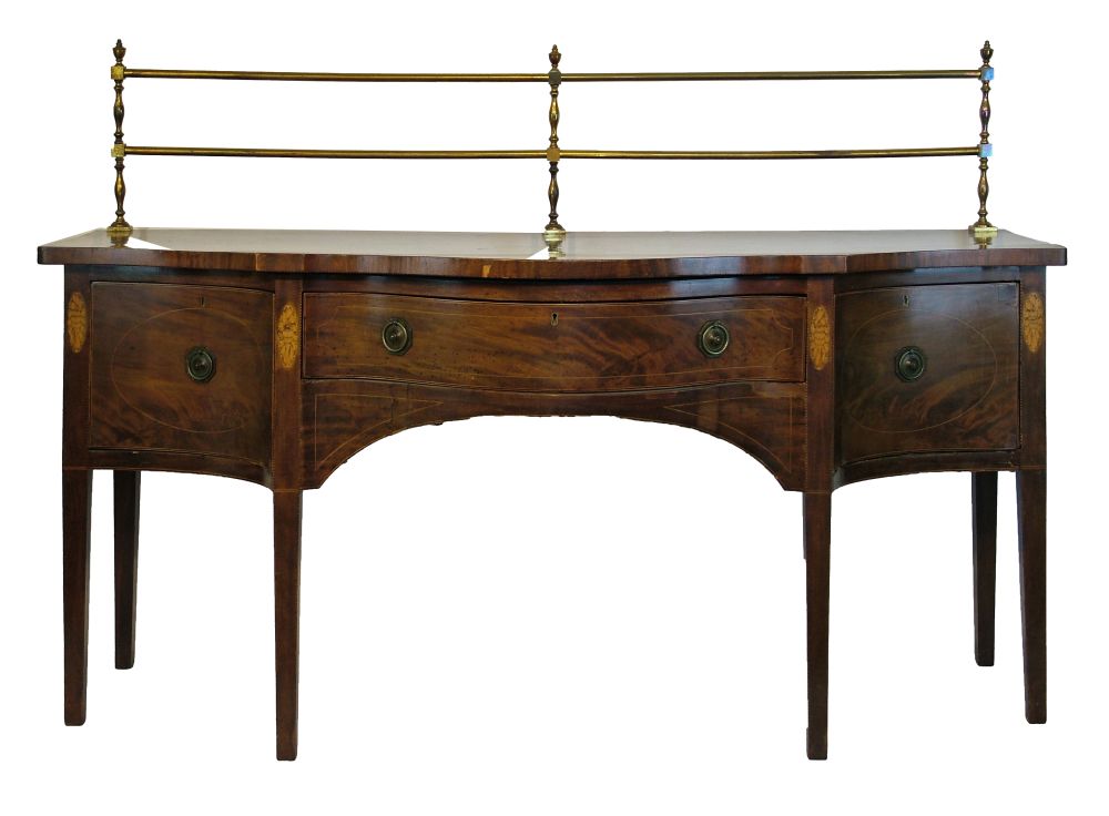 George III inlaid mahogany serpentine front sideboard having a raised brass back, fitted central