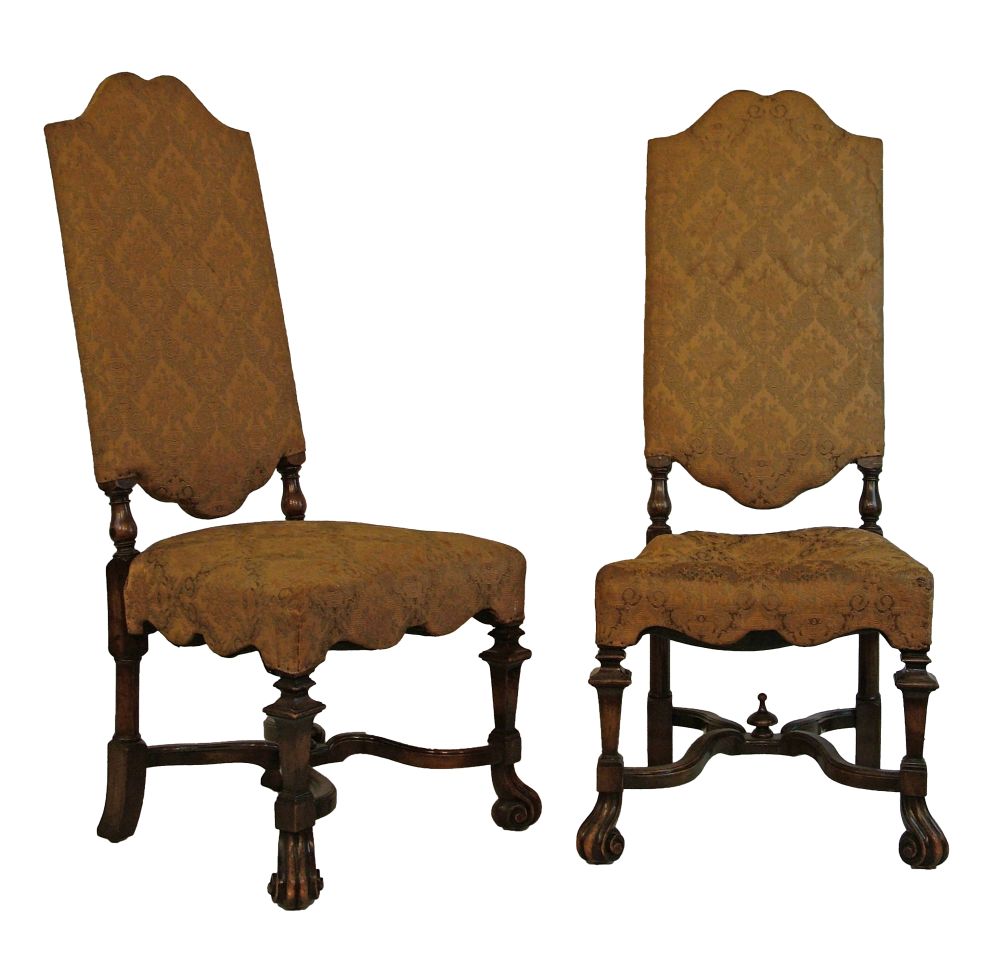 Pair of early 20th Century Carolean style high back side chairs, each having an upholstered seat
