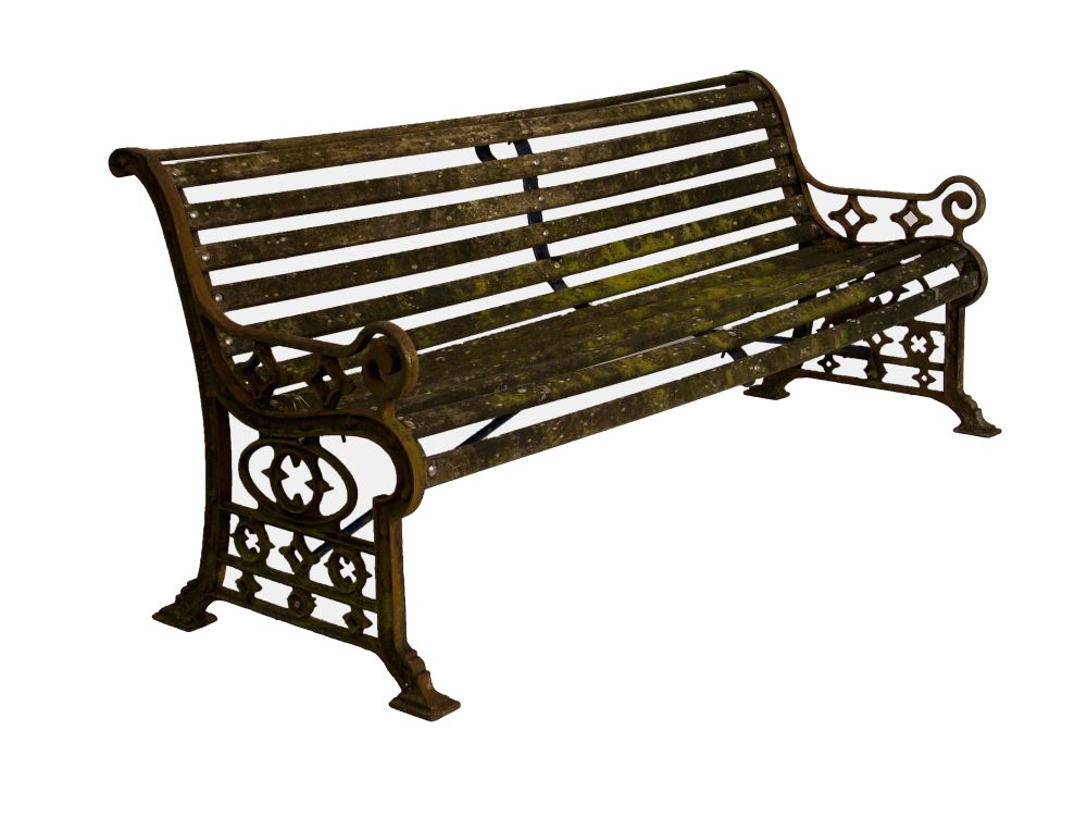 Victorian cast iron framed slatted garden bench, the pierced scroll ends with registration number