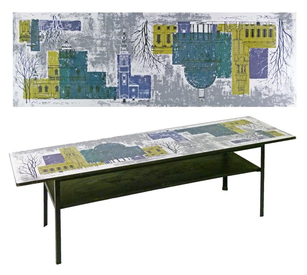 Modern Design-John Piper-Rectangular Formica top coffee table decorated with London architectural