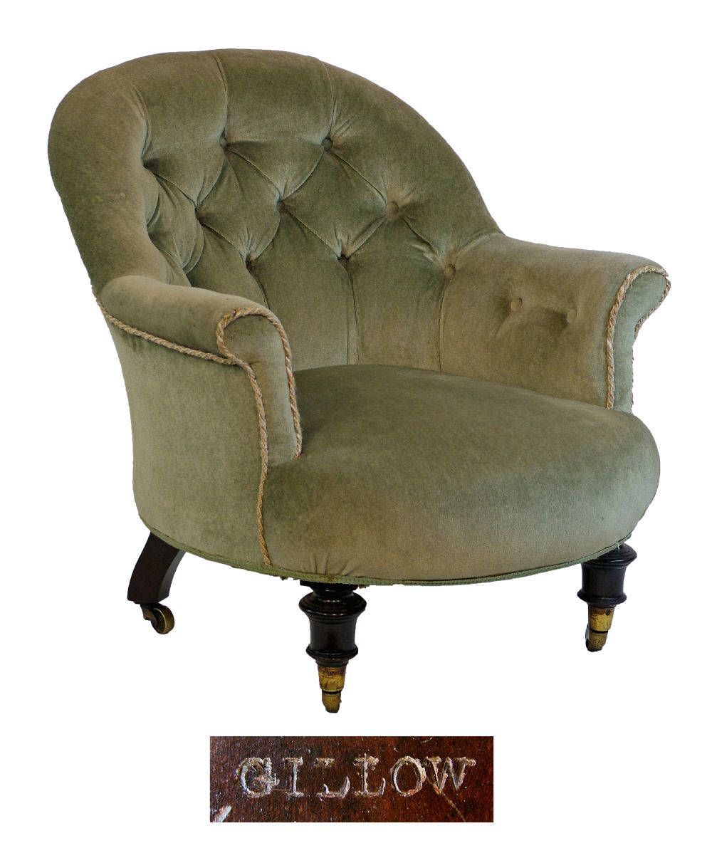 Victorian tub shaped occasional chair by Gillows, upholstered in pale green button back dralon and s