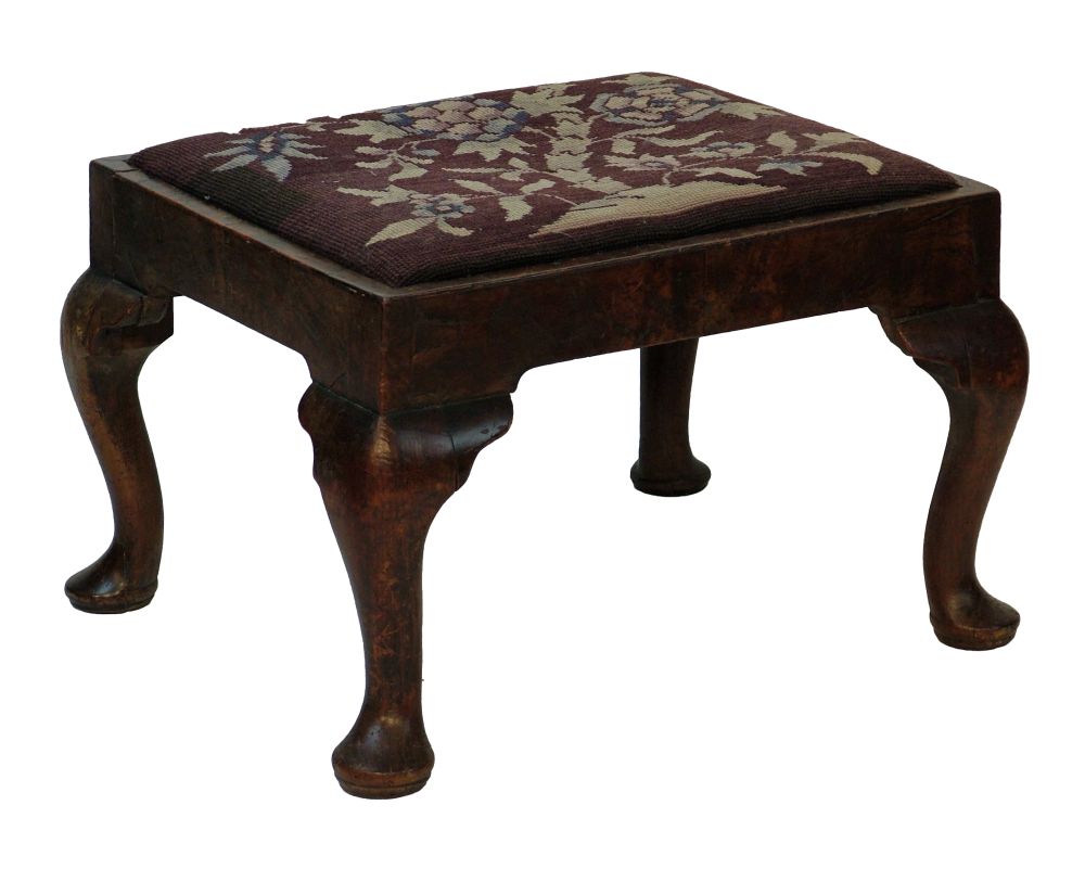 George III mahogany framed rectangular top stool having a needlepoint upholstered drop-in seat and s