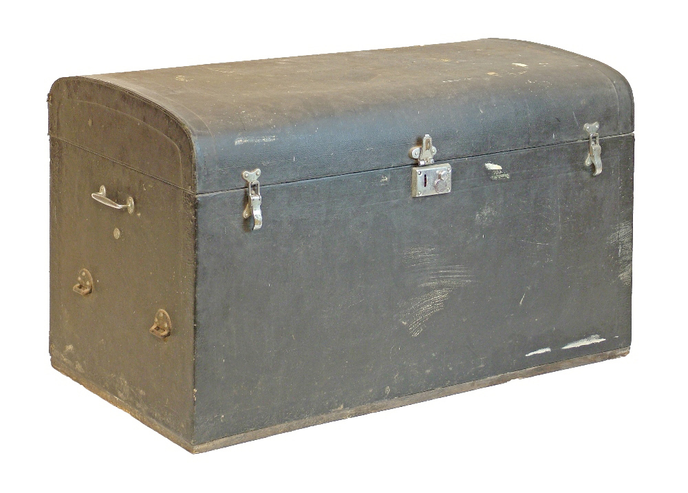 Vintage black cloth bound car trunk by Smiths of London having chrome plated fittings, 91cm wide