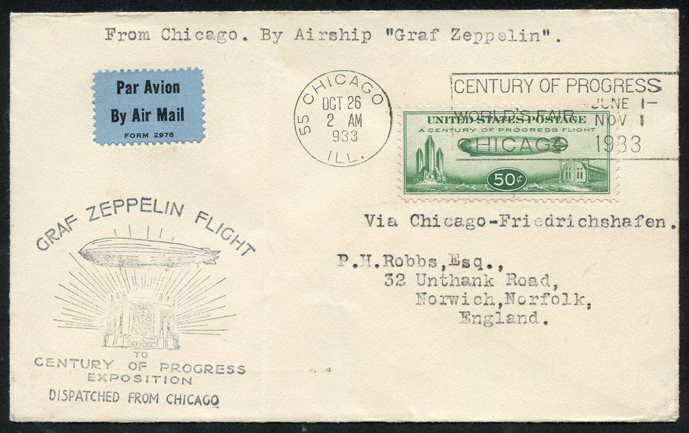 1933 Century of progress flight USA cover from Chicago franked 50c Zeppelin cancelled with World