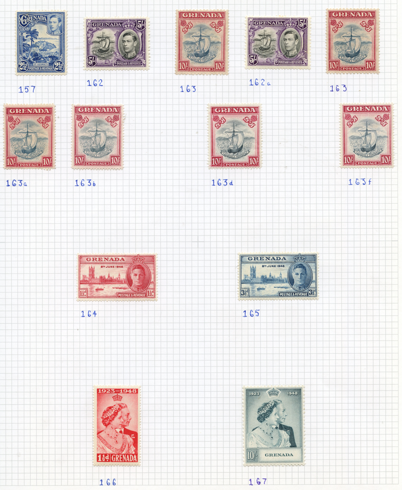 GRENADA collection on leaves, a few KEVII, 1913 to 1s, 1934 to 6d and 2/6d - all U, 1934 set M,