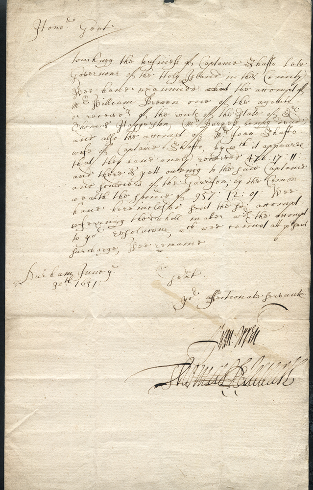 CROMWELLIAN PARLIAMENT LETTER 1651 (30 June) EL addressed to Public Revenue Committee, Westminster,