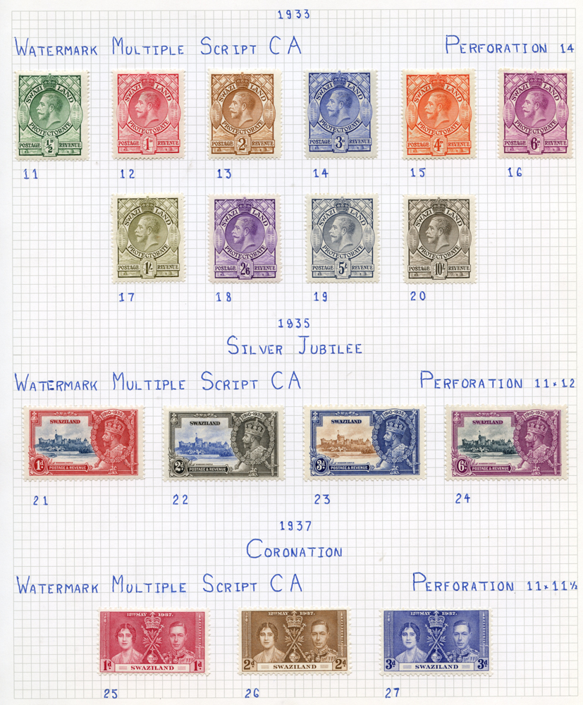 SWAZILAND collection on leaves, 1933 set M, Silver Jubilee M & U, 1938 to 10s (2) incl. shades &