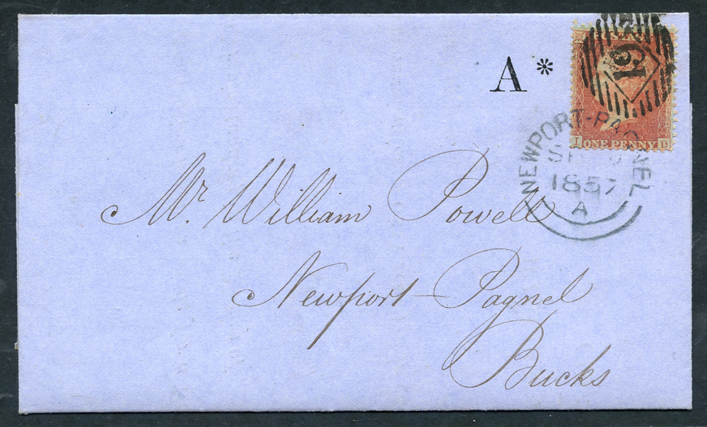 1857 cover franked 1d Stars, tied by barred oval numeral `19` and also tied by fine upright strike