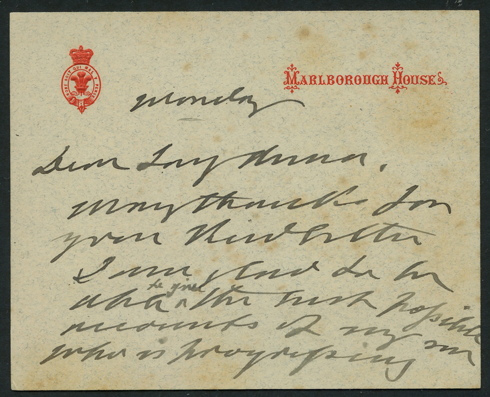 EDWARD VII undated card printed at top from Marlborough House, bears hand written message on both