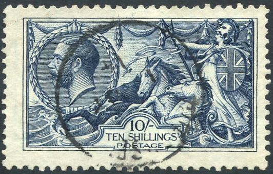 1913 Waterlow 10s indigo blue VFU central c.d.s, SG.402 (1) Cat. £475 Symbol: C