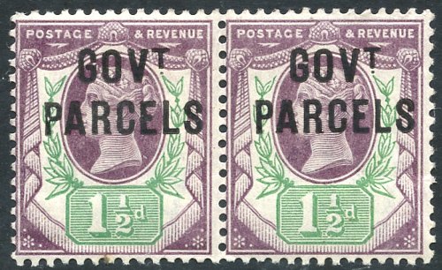 GOVT PARCELS 1887 1½d dull purple & pale green, fresh M, horizontal pair incl. the `Horns` variety,