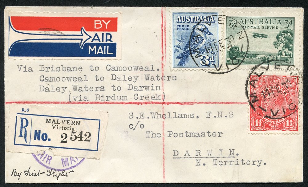 1930 (Feb 19th) first flight cover Camooweal - Darwin by Australian Aerial Services. Registered &