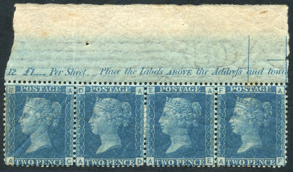 1858 2d blue Pl.13, fine M top marginal strip of three AC/AF with inscroption `12 £1 . . .  Per