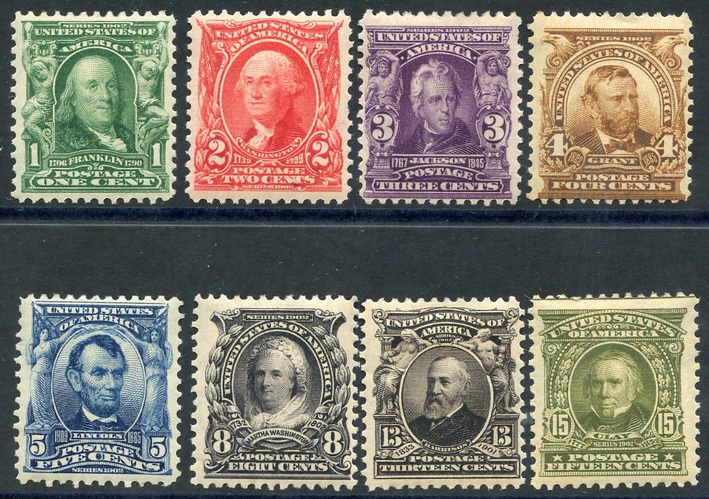 1902-08 Presidents 1c, 2c, 3c, 4c, 5c, 8c, 13c & 15c, fine M, from SG.306/315. (8) Cat. £550