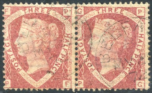 1870 1½d rose red Pl.1 horizontal pair PF/PG superb U with Belfast 1872 c.d.s`s, SG.51. (2)