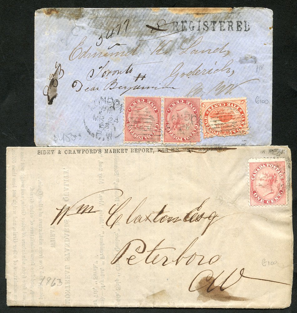 1863 printed market report ex Montreal to Peterbro with 1c deep rose indistinctly cancelled, also